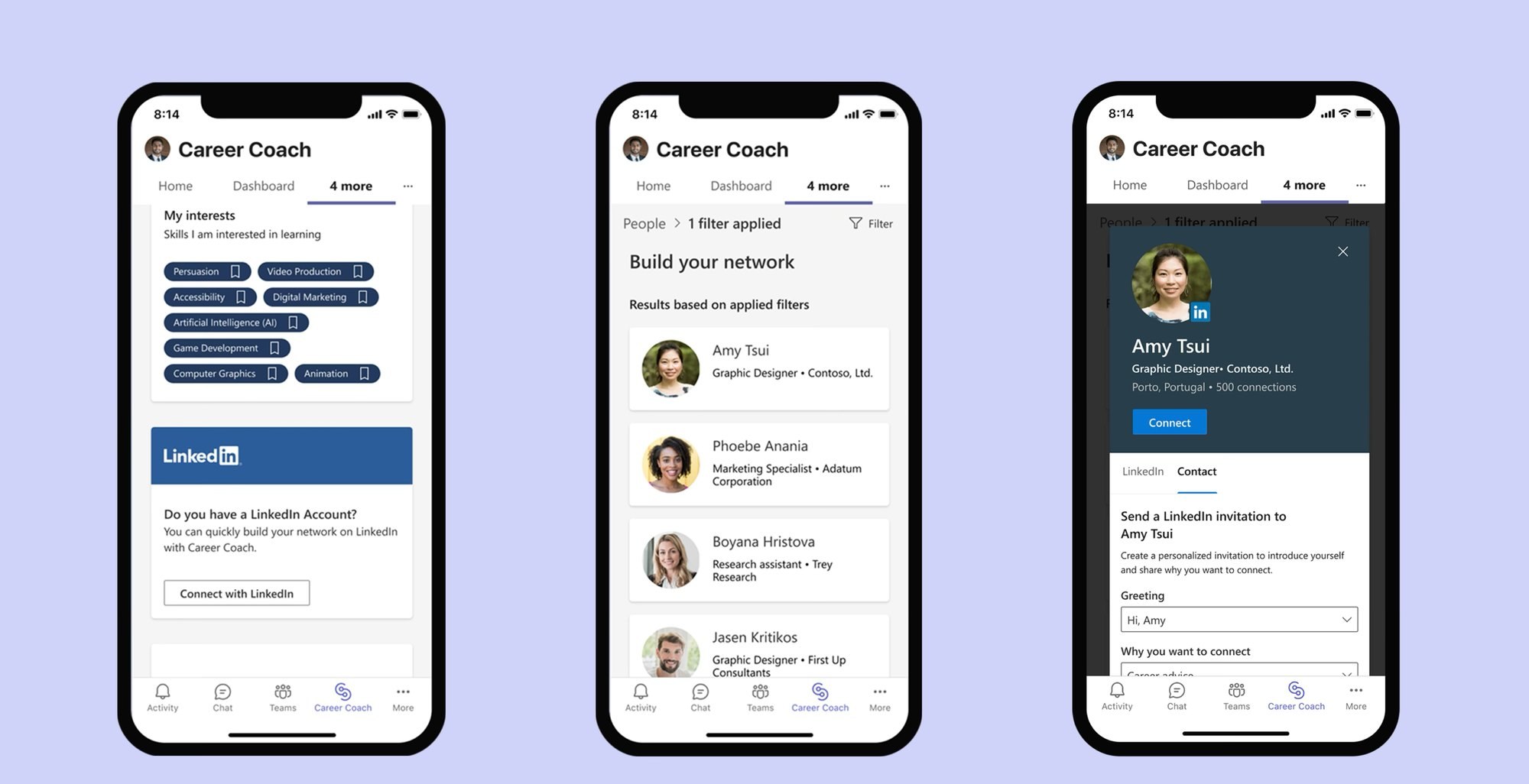Three Career Coach mobile screens: saved skill interests, a filtered list of people to connect with, and a LinkedIn invitation flow