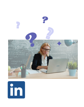 A faculty member at a laptop surrounded by question marks, with the LinkedIn logo below